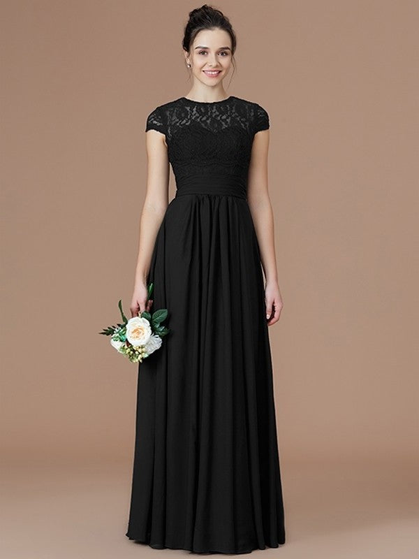 Floor-Length Sleeves Lace A-Line/Princess Short Jewel Chiffon Bridesmaid Dresses