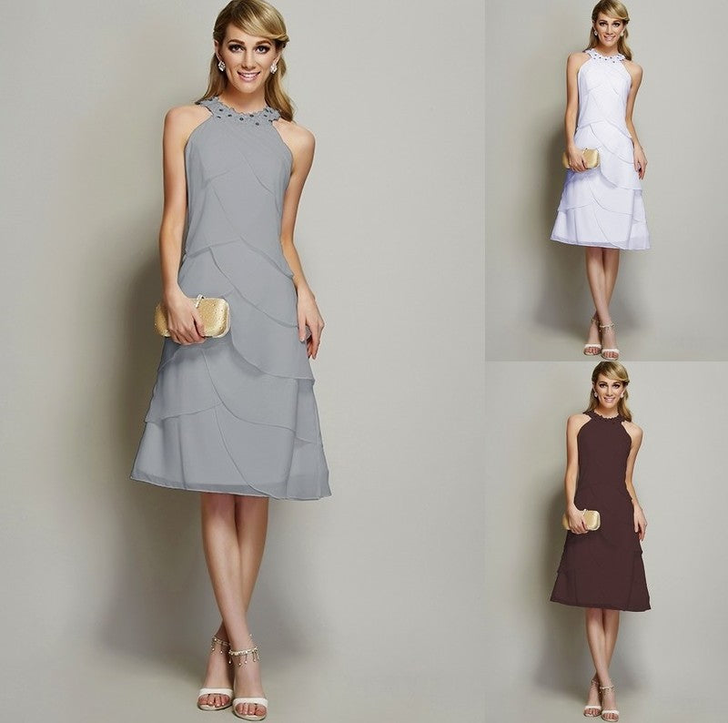 Bateau Short Sheath/Column Beading Sleeveless Chiffon Bridesmaid Dresses