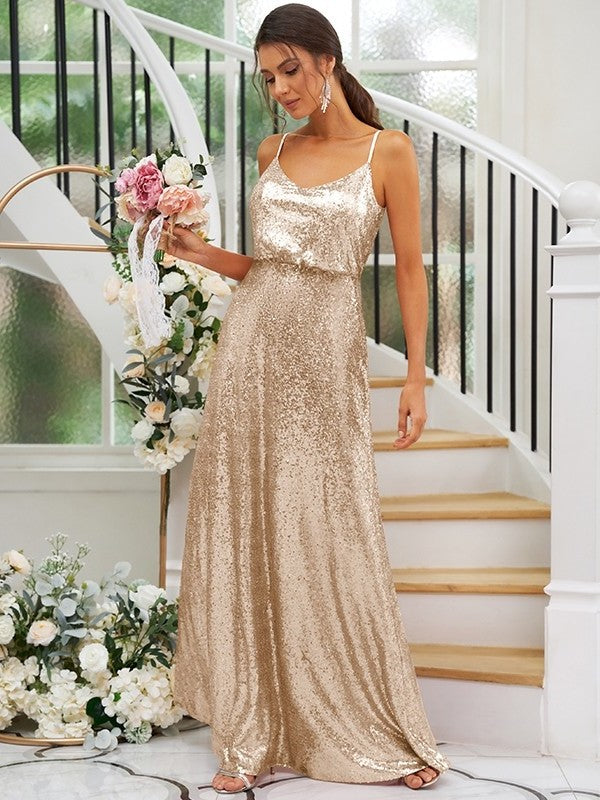 Ruched Sequins Sleeveless A-Line/Princess Straps Floor-Length Bridesmaid Dresses