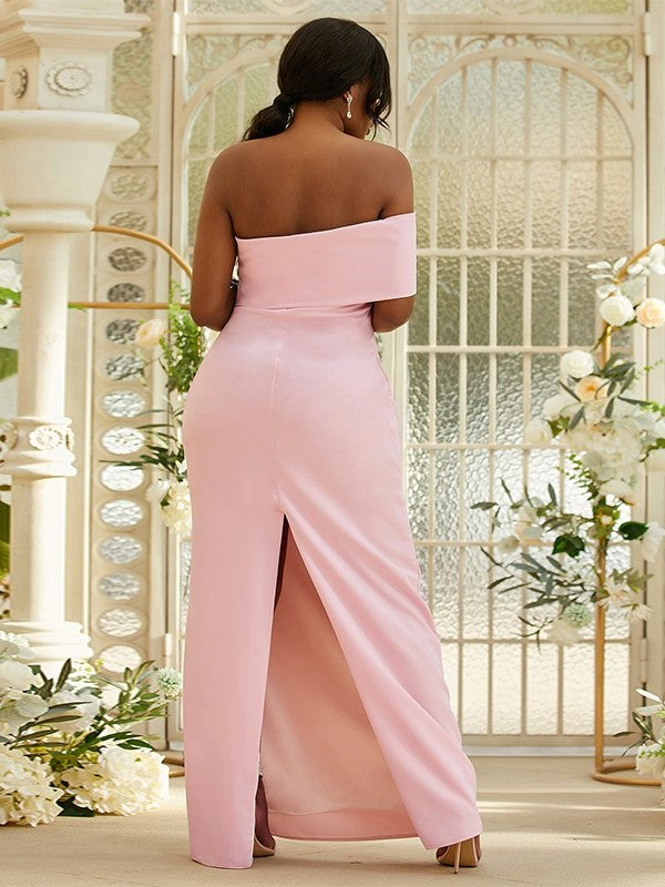 Sleeveless Sheath/Column Crepe Stretch Ruched One-Shoulder Floor-Length Bridesmaid Dresses