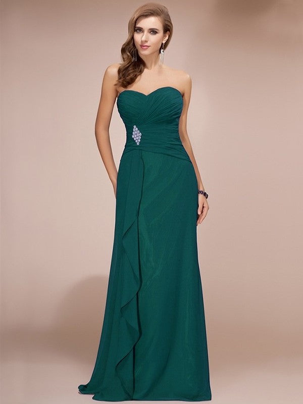 Sheath/Column Long Sweetheart Sleeveless Ruffles Beading Chiffon Bridesmaid Dresses