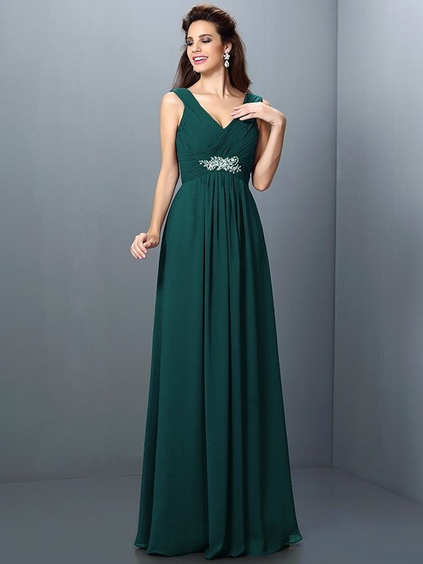 Long Sleeveless V-neck Pleats Beading A-Line/Princess Chiffon Bridesmaid Dresses