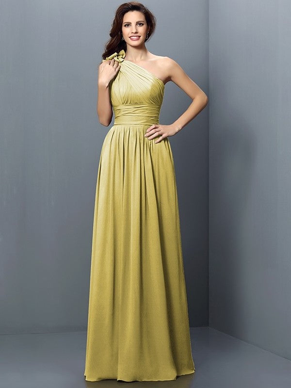 Sleeveless A-Line/Princess One-Shoulder Long Pleats Chiffon Bridesmaid Dresses