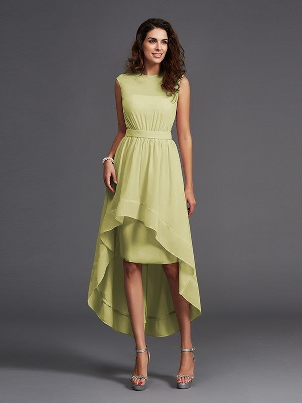 High Scoop Sash/Ribbon/Belt Sleeveless A-Line/Princess Low Chiffon Bridesmaid Dresses