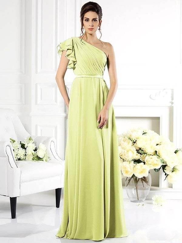 Sleeveless One-Shoulder Ruffles A-Line/Princess Long Chiffon Bridesmaid Dresses