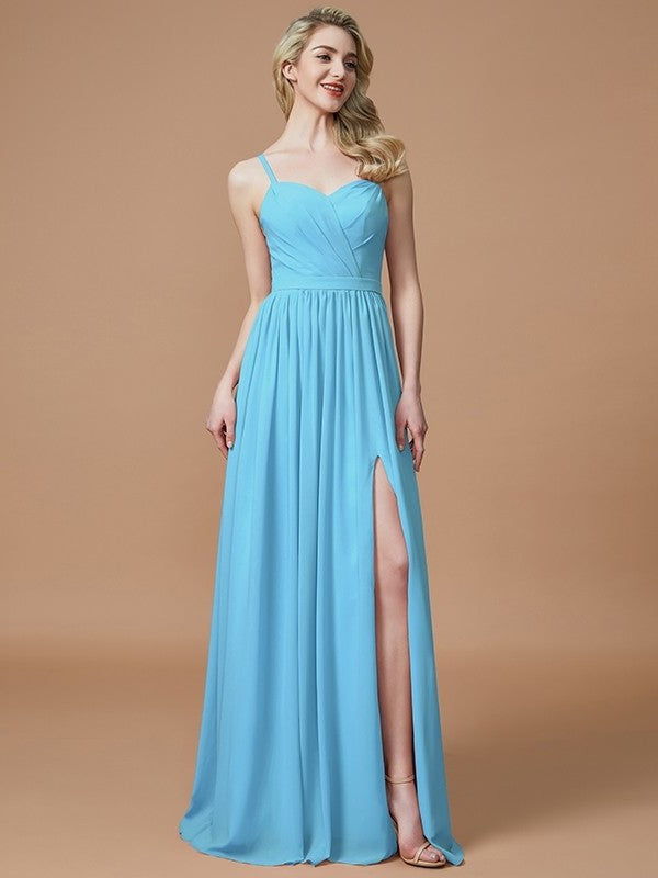 A-Line/Princess Ruched Spaghetti Sleeveless Floor-Length Straps Chiffon Bridesmaid Dresses