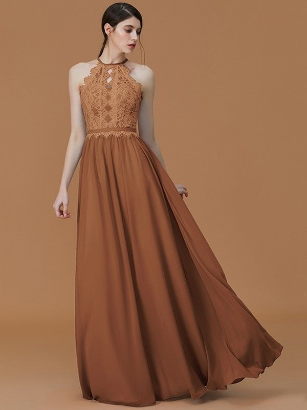 Lace Halter Floor-Length A-Line/Princess Sleeveless Chiffon Bridesmaid Dresses