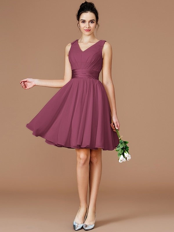 A-Line/Princess Sash/Ribbon/Belt Short/Mini Sleeveless V-neck Chiffon Bridesmaid Dresses