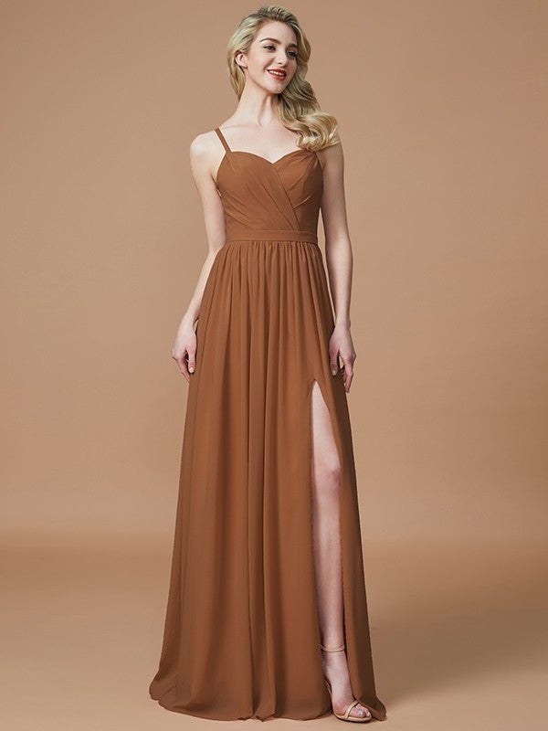 A-Line/Princess Ruched Spaghetti Sleeveless Floor-Length Straps Chiffon Bridesmaid Dresses