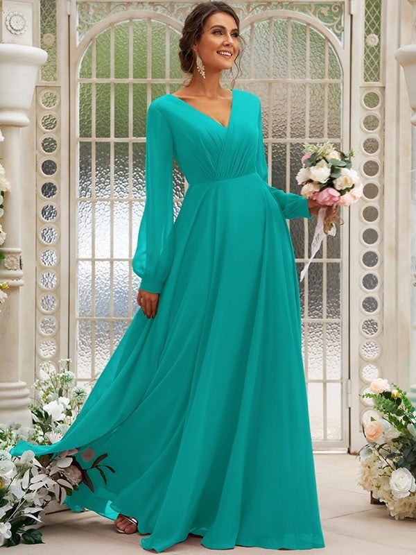 Chiffon Ruched Long V-neck Sleeves A-Line/Princess Floor-Length Bridesmaid Dresses