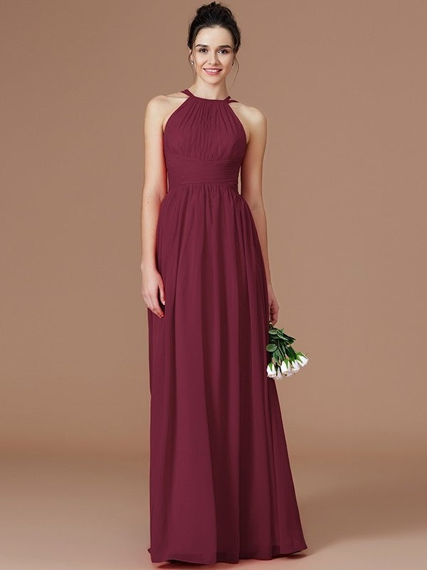 A-Line/Princess Floor-Length Ruched Sleeveless Halter Chiffon Bridesmaid Dresses