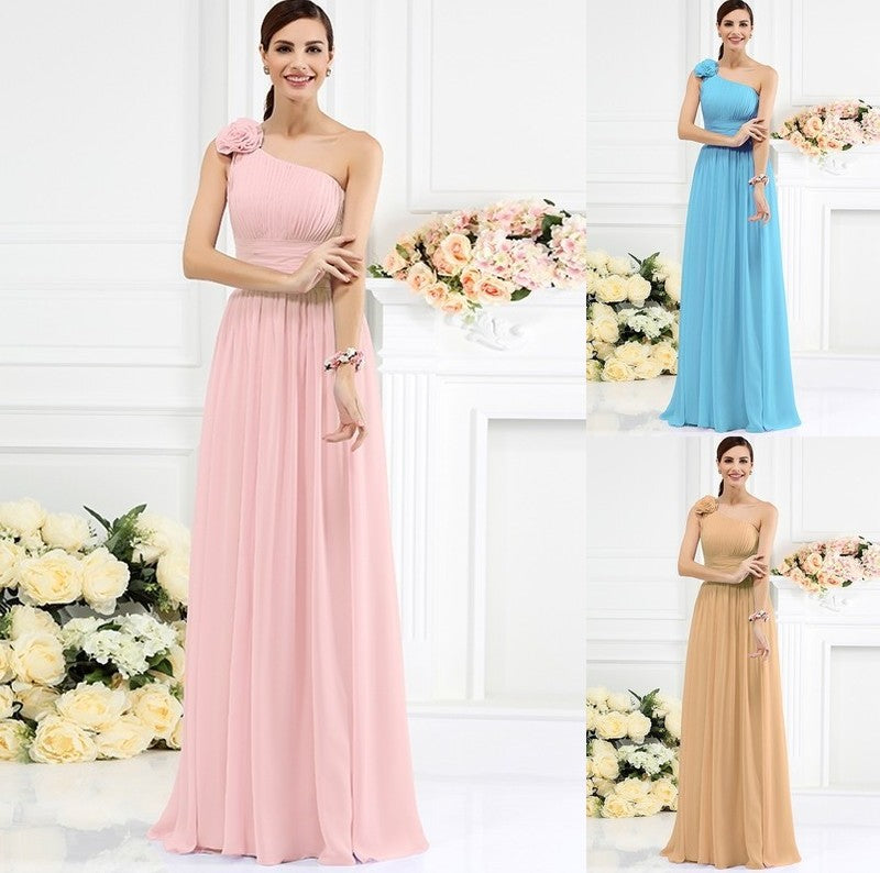 A-Line/Princess Flower Sleeveless One-Shoulder Long Pleats Hand-Made Chiffon Bridesmaid Dresses