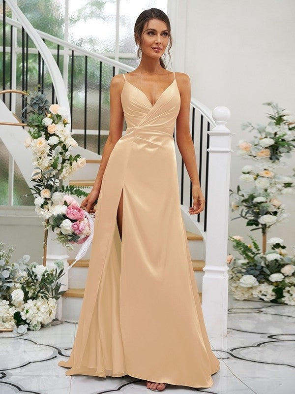 V-neck A-Line/Princess Silk Sleeveless like Satin Ruched Floor-Length Bridesmaid Dresses