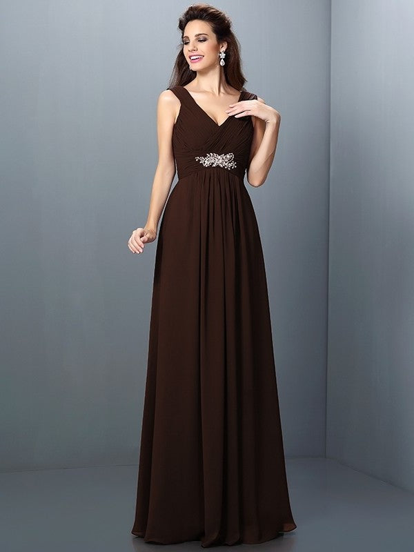 Long Sleeveless V-neck Pleats Beading A-Line/Princess Chiffon Bridesmaid Dresses