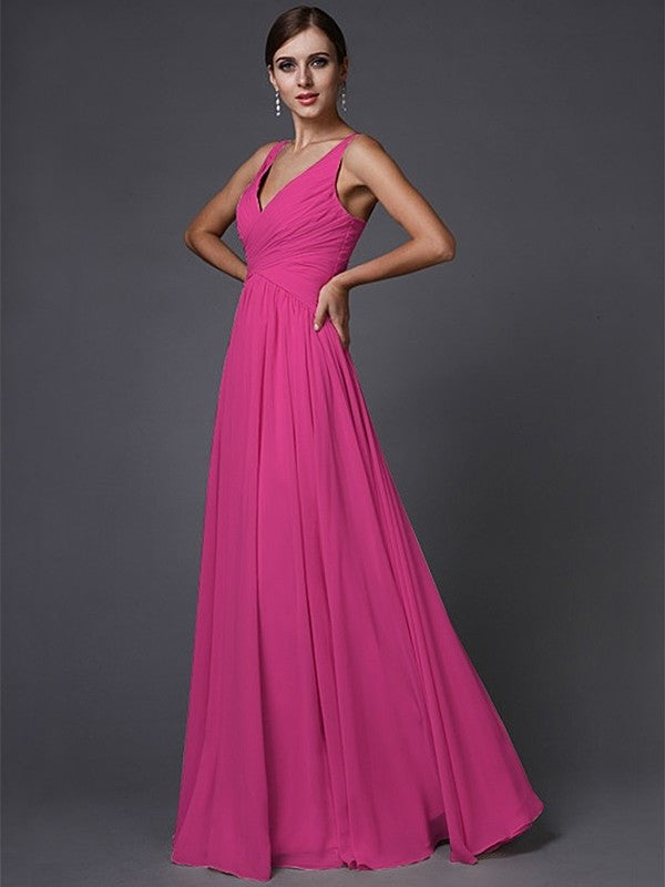 A-Line/Princess Ruffles V-neck Sleeveless Long Chiffon Bridesmaid Dresses