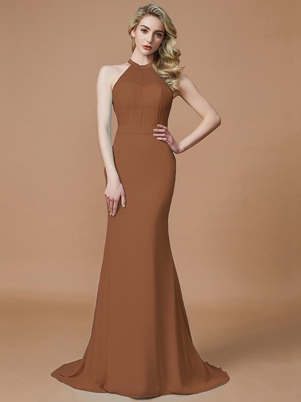 Trumpet/Mermaid Train Sweep/Brush Sleeveless Scoop Chiffon Bridesmaid Dresses