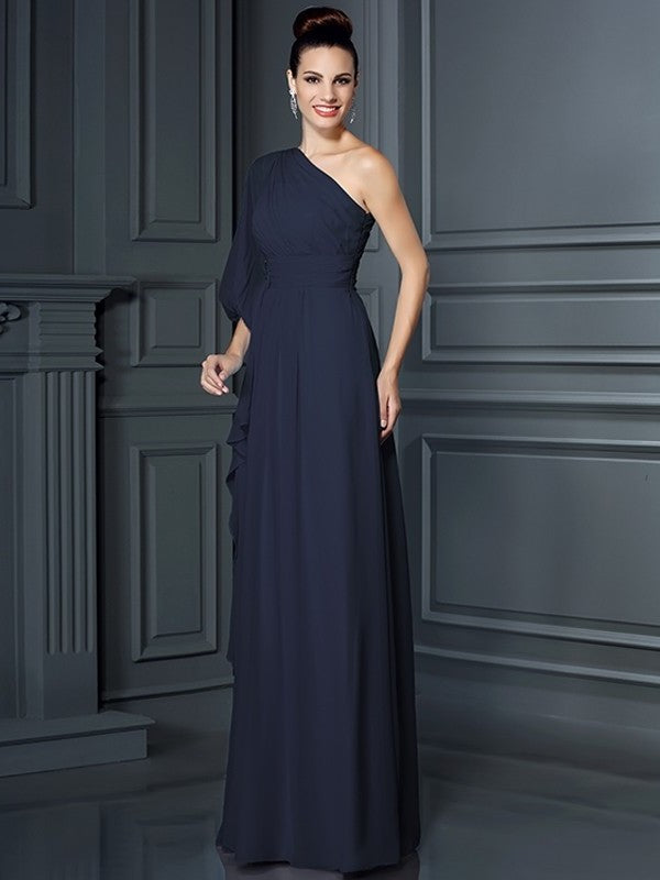 Long One-Shoulder Sleeves 3/4 Sheath/Column Chiffon Bridesmaid Dresses