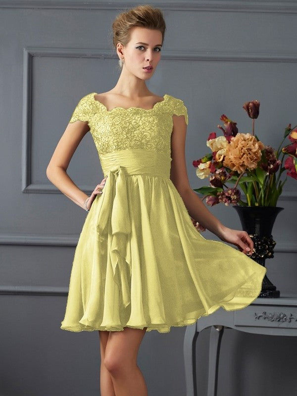 Sleeves Scoop A-Line/Princess Lace Short Short Chiffon Bridesmaid Dresses