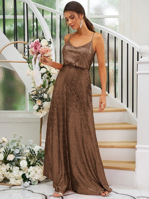 Ruched Sequins Sleeveless A-Line/Princess Straps Floor-Length Bridesmaid Dresses