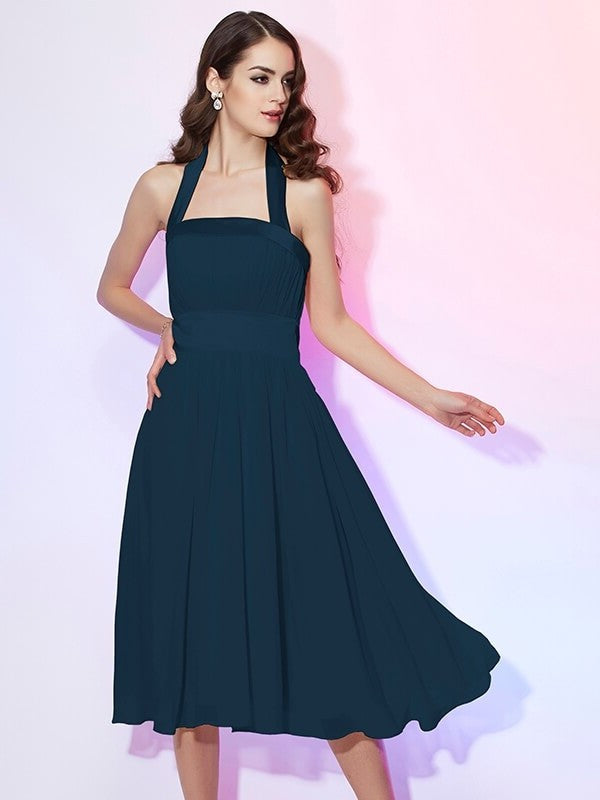 A-Line/Princess Sleeveless Pleats Short Halter Chiffon Bridesmaid Dresses