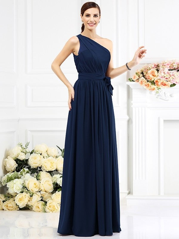 Long One-Shoulder Sash/Ribbon/Belt Sleeveless A-Line/Princess Chiffon Bridesmaid Dresses