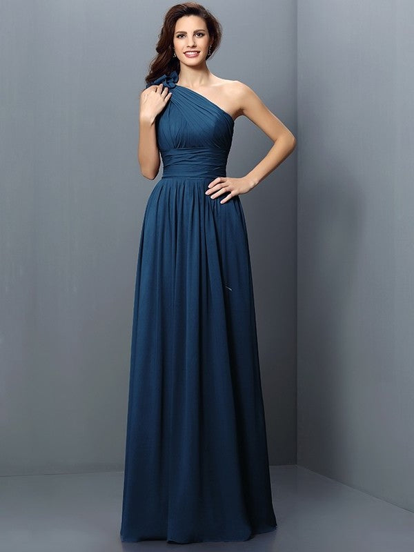 Sleeveless A-Line/Princess One-Shoulder Long Pleats Chiffon Bridesmaid Dresses