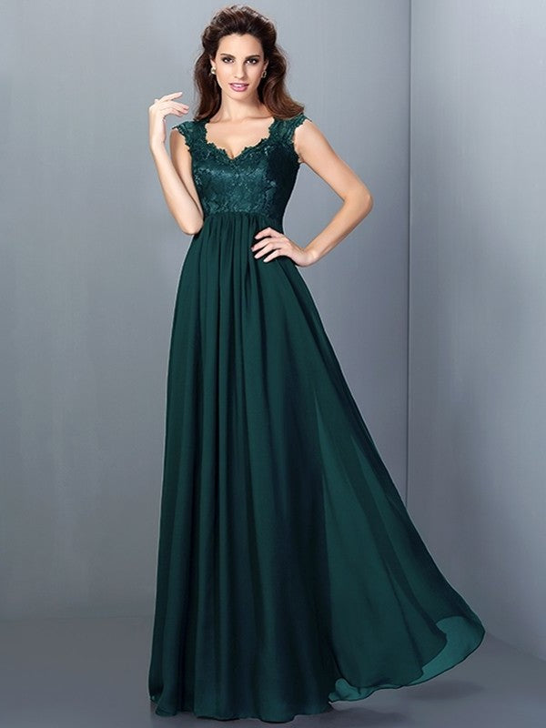 Scoop Long A-Line/Princess Lace Sleeveless Chiffon Bridesmaid Dresses