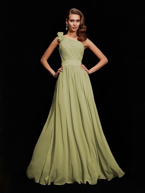 A-Line/Princess Hand-Made Sleeveless Flower One-Shoulder Long Chiffon Bridesmaid Dresses