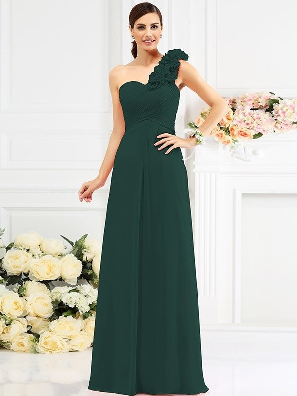 Sleeveless Long Hand-Made A-Line/Princess Flower One-Shoulder Chiffon Bridesmaid Dresses