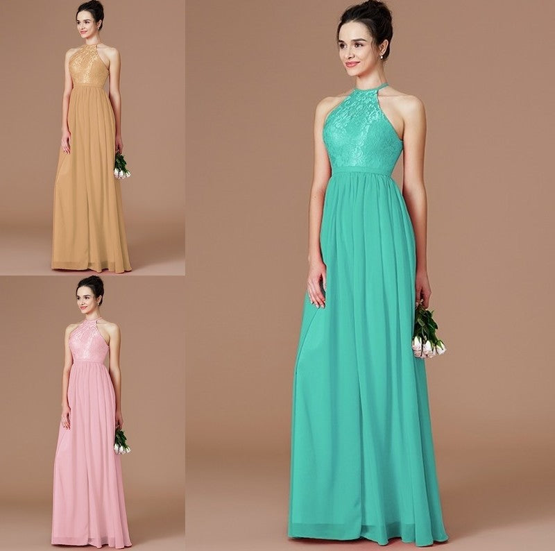 Lace Sleeveless Floor-Length Halter A-Line/Princess Chiffon Bridesmaid Dresses