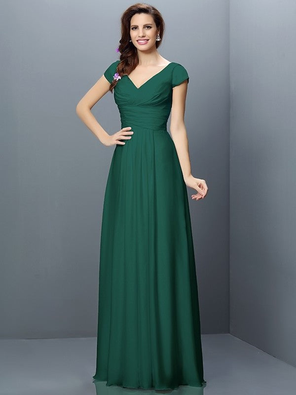 Sleeves Pleats A-Line/Princess V-neck Short Long Chiffon Bridesmaid Dresses