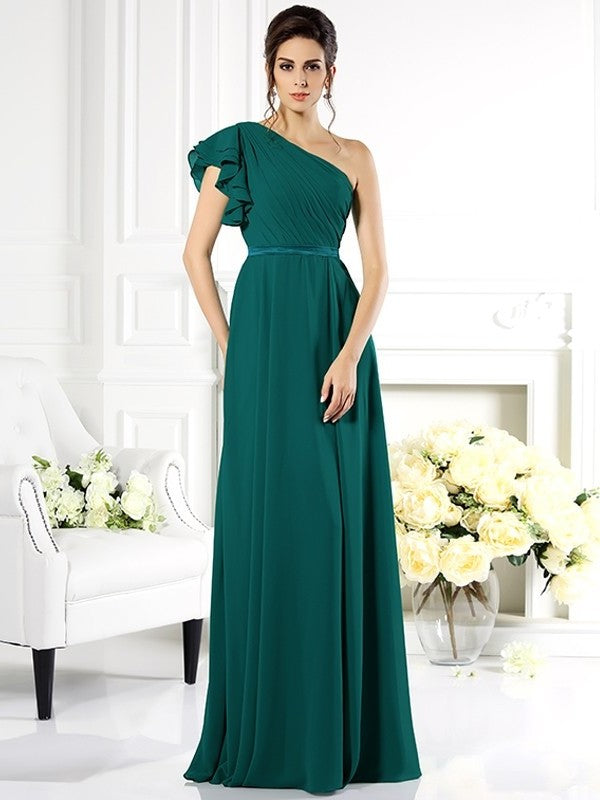 Sleeveless One-Shoulder Ruffles A-Line/Princess Long Chiffon Bridesmaid Dresses