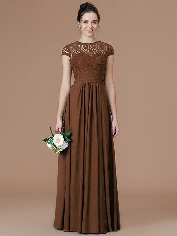 Floor-Length Sleeves Lace A-Line/Princess Short Jewel Chiffon Bridesmaid Dresses