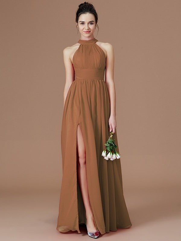 A-Line/Princess Halter Sleeveless Floor-Length Ruched Chiffon Bridesmaid Dresses