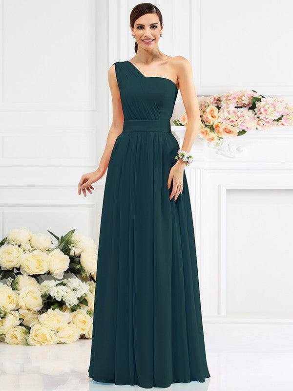 One-Shoulder Pleats A-Line/Princess Long Sleeveless Chiffon Bridesmaid Dresses