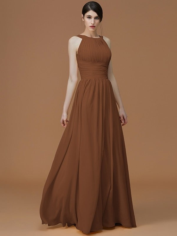 Floor-Length Halter A-Line/Princess Sleeveless Ruched Chiffon Bridesmaid Dresses