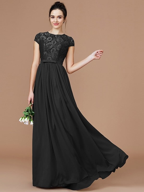 Lace A-Line/Princess Sleeves Short Jewel Floor-Length Chiffon Bridesmaid Dresses