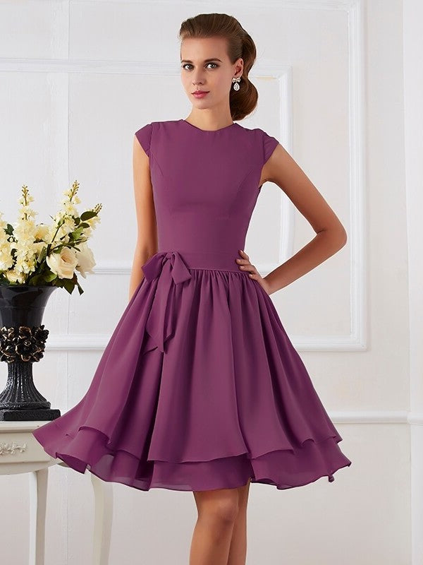 Sleeveless Short Neck High Sash/Ribbon/Belt Sheath/Column Chiffon Bridesmaid Dresses