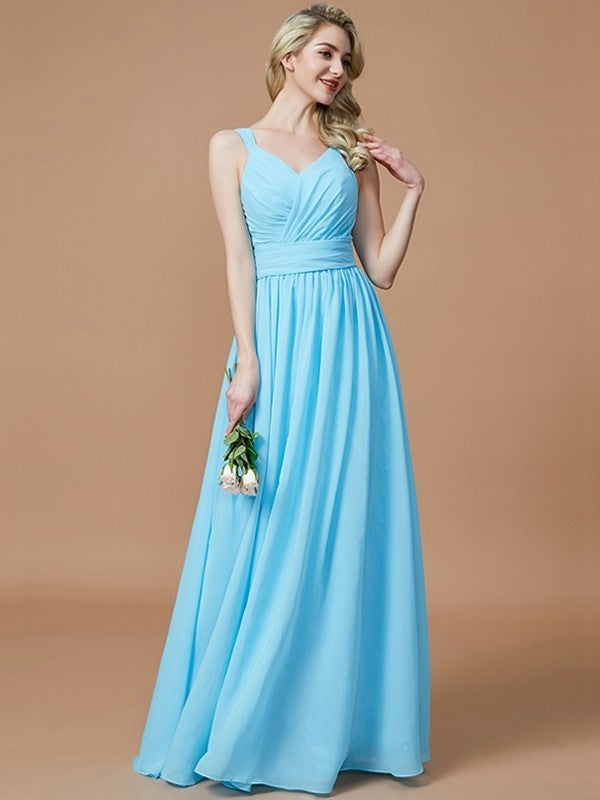 V-neck Floor-Length Chiffon A-Line/Princess Sleeveless Bridesmaid Dresses