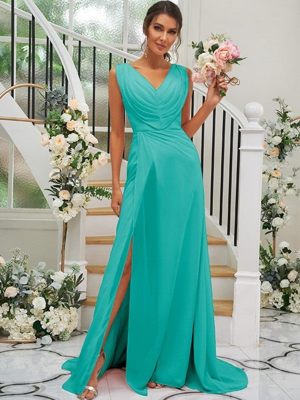 Ruched Sleeveless V-neck A-Line/Princess Sweep/Brush Chiffon Train Bridesmaid Dresses