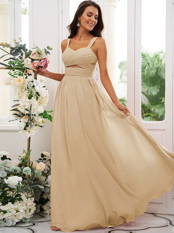 A-Line/Princess Sleeveless Straps Chiffon Ruched Floor-Length Bridesmaid Dresses