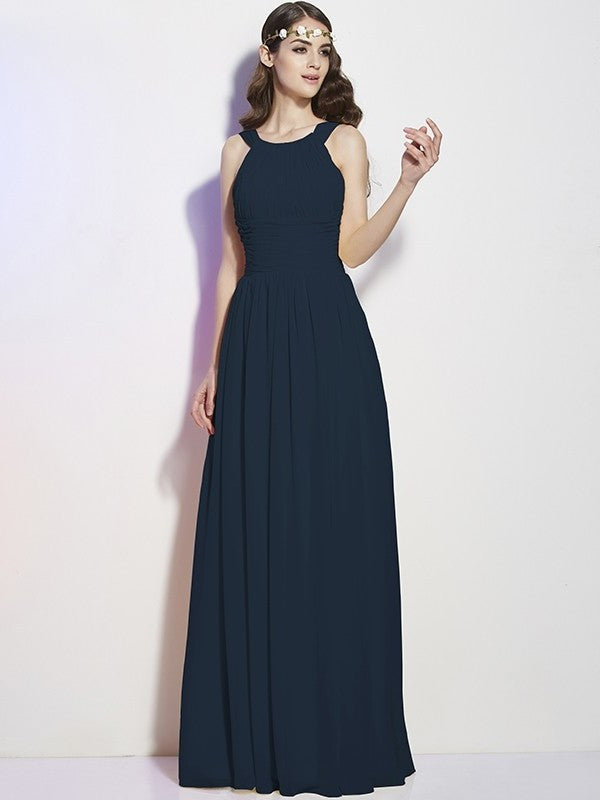 Bateau Long Pleats A-Line/Princess Sleeveless Chiffon Bridesmaid Dresses