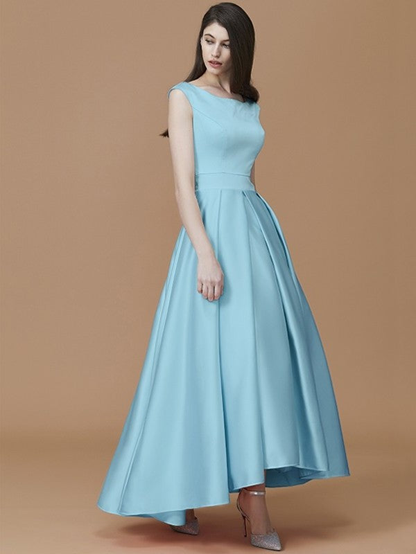 Asymmetrical Sleeveless A-Line/Princess Ruffles Bateau Satin Bridesmaid Dresses