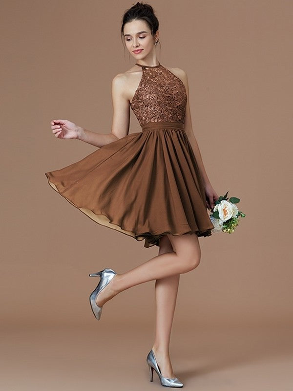 Short/Mini A-Line/Princess Sleeveless Halter Lace Chiffon Bridesmaid Dresses