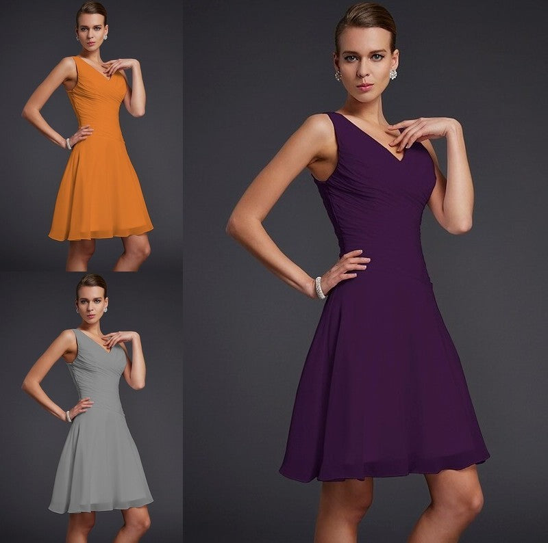 Pleats Short A-Line/Princess Sleeveless V-neck Chiffon Bridesmaid Dresses