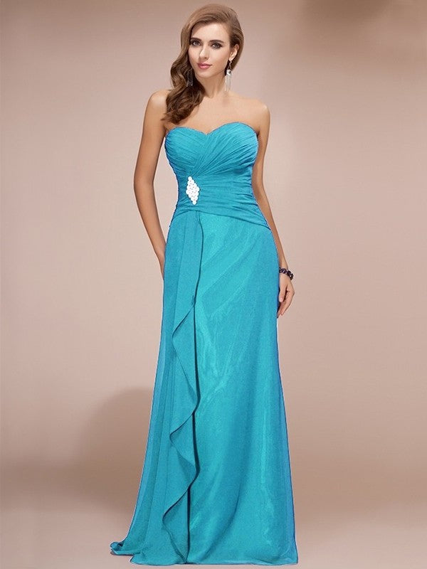 Sheath/Column Long Sweetheart Sleeveless Ruffles Beading Chiffon Bridesmaid Dresses