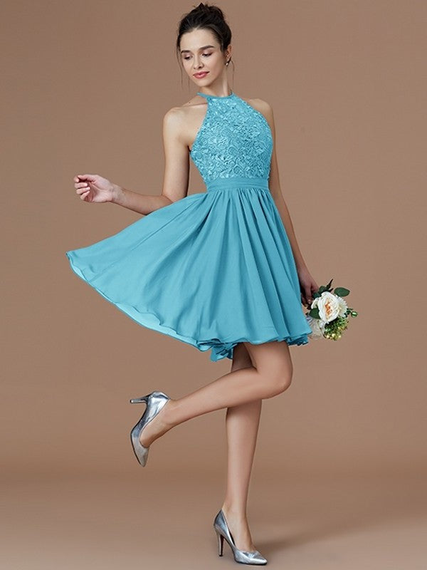 Short/Mini A-Line/Princess Sleeveless Halter Lace Chiffon Bridesmaid Dresses