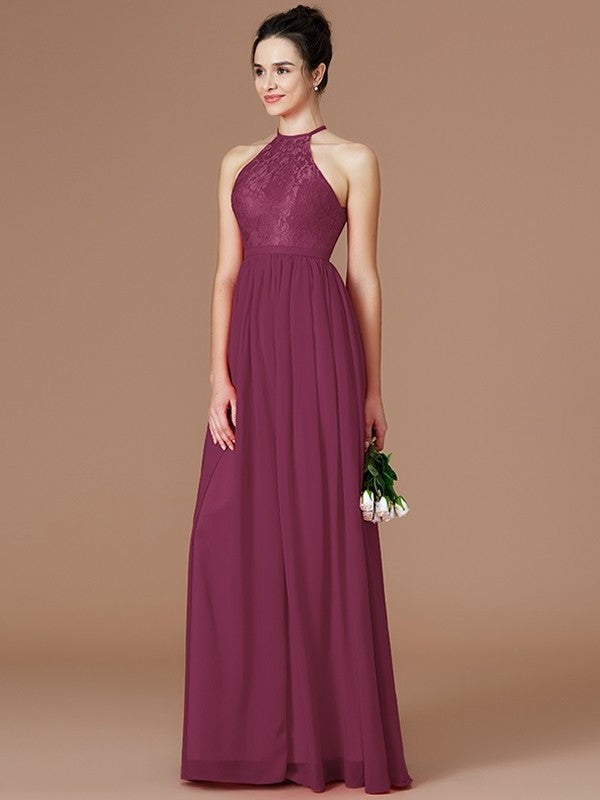 Lace Sleeveless Floor-Length Halter A-Line/Princess Chiffon Bridesmaid Dresses