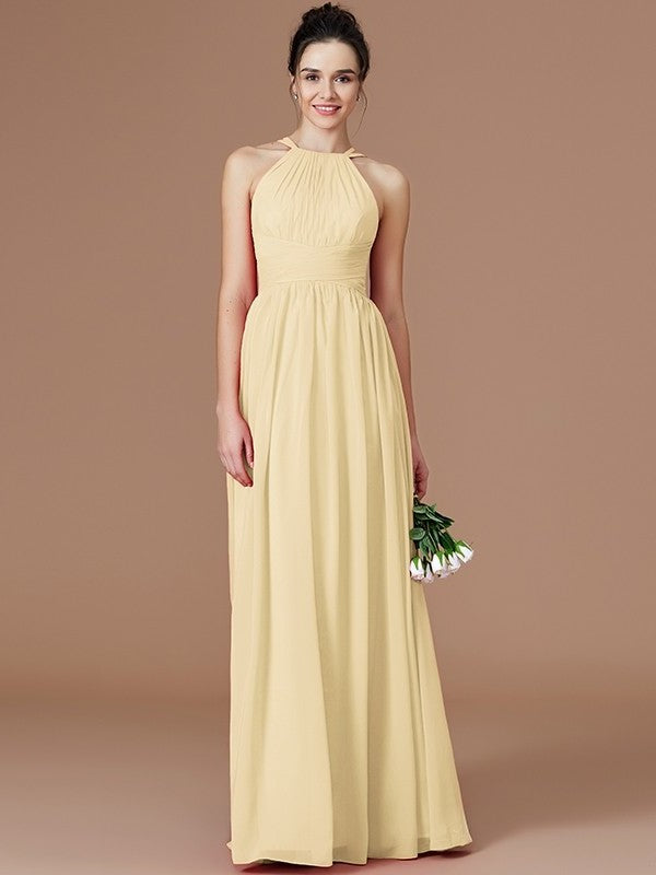 A-Line/Princess Floor-Length Ruched Sleeveless Halter Chiffon Bridesmaid Dresses