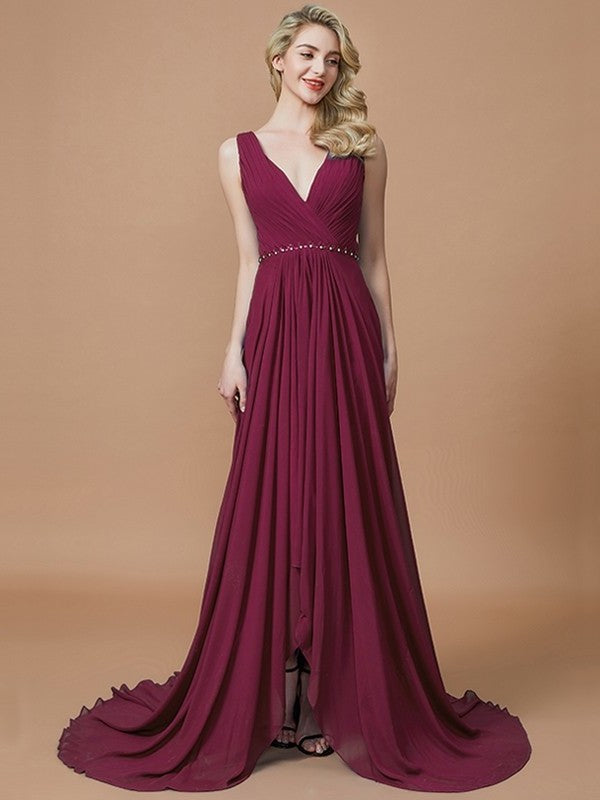 A-Line/Princess Sleeveless V-neck Sweep/Brush Chiffon Train Bridesmaid Dresses